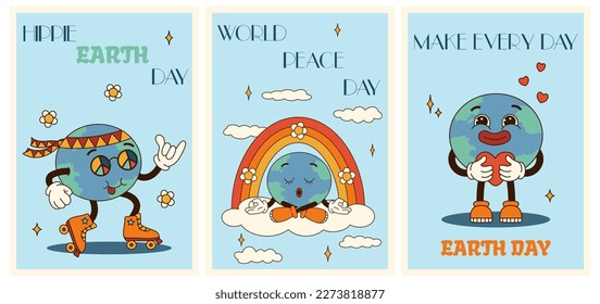 Collection posters with quotes for Earth Day. Groovy planet characters in vintage cartoon style of 60s 70s. Concept happy Earth. Flat vector illustration.