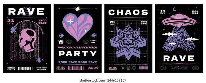 A collection of posters in the style of y2k with a minimalistic futuristic design. A cover templates for a techno party with different minimalistic silhouettes.