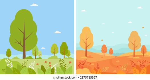 Collection of posters with summer and autumn landscape. Vertical vector illustration with seasonal landscapes - summer and autumn park, nature, trees and plants. For cards, banners, print and design