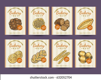 Collection of posters with various bakery products. Vector illustration for your design