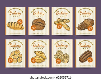 Collection of posters with various bakery products. Vector illustration for your design