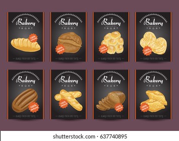 Collection of posters with various bakery products. Vector illustration for your design