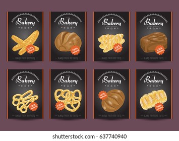 Collection of posters with various bakery products. Vector illustration for your design