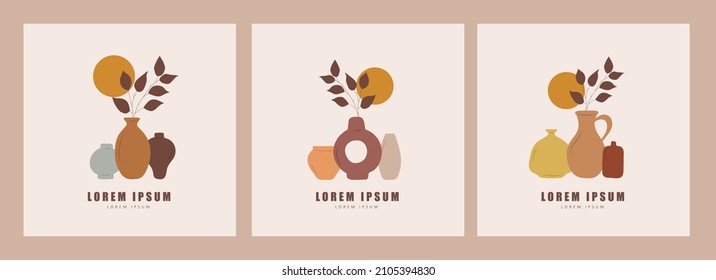 Sammlung von Plakaten mit Vasen im Boho-Stil. Abstrakte Silhouette aus Keramiktöpfen und Tonkrügen in Pastellfarben. Moderne Innendekoration. Handgezeichnete Vektorgrafik. Logo für Ihr Unternehmen.