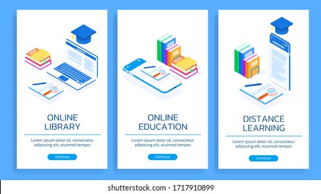 A collection of posters with a white background with isometric vector illustrations of an online library and distance learning online. Images include books, writing instruments, laptop and smartphone.