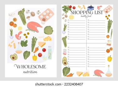 Collection posters of wholesome food and shopping list for healthy food. Helthy nutrition. Editable vector illustration.