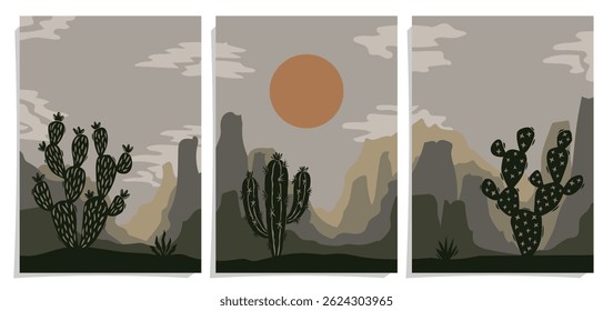 Collection of posters with wild desert landscape. Frame composition for printing, decoration, walls, fabrics. Shades of green.