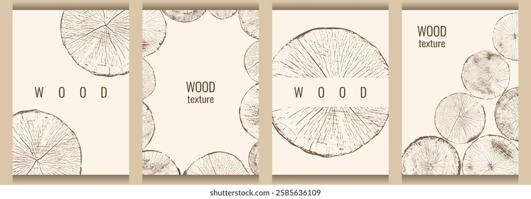 Collection of posters with wood pattern. Cross-section of a tree with layers of growth. Set of empty borders. Place for text. Design for cover, flyer, menu, poster, invitation. Vector image.