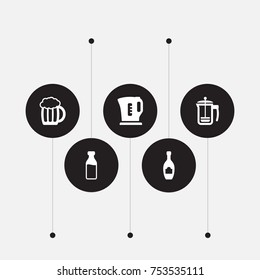 Collection Of Pot, Alcohol, Electric Teapot And Other Elements.  Set Of 5 Drinks Icons Set. 