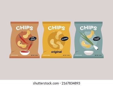 A collection of potato chips in plastic bags with different flavors, unhealthy snacks