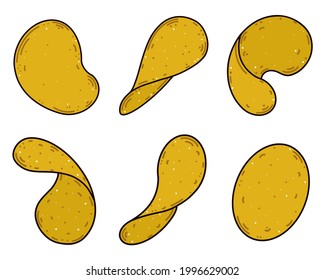 Colección de papas fritas o de maíz. Ilustración aislada en fondo blanco. Tazas crujientes de verduras fritas. Iconos vectores. Tiros dibujados a mano. Estilo de caricatura plano, doodle de colores.