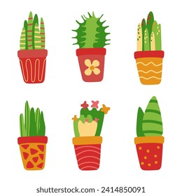 Collection of pots with house flowers. Home and Comfort. Cactus, succulents, green grass. Care of plants. Vector illustration. Isolated objects.