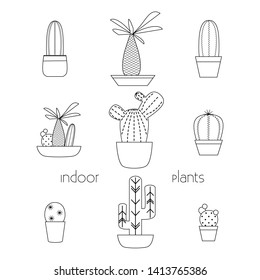 Collection of potted flowers for interior decoration. Different types of cacti. Indoor plants. Line style vector design. 

