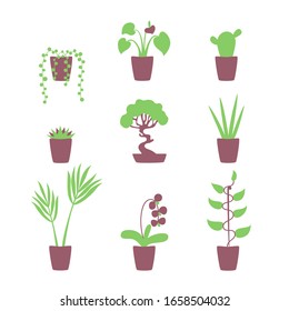 Recolección de plantas de macetas. Iconos vectoriales planos. Ilustración dibujada a mano para web, adhesivos, insignias, tarjetas
