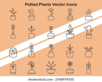 Collection of potted plant icons depicting various houseplants suitable for home and decor themes.