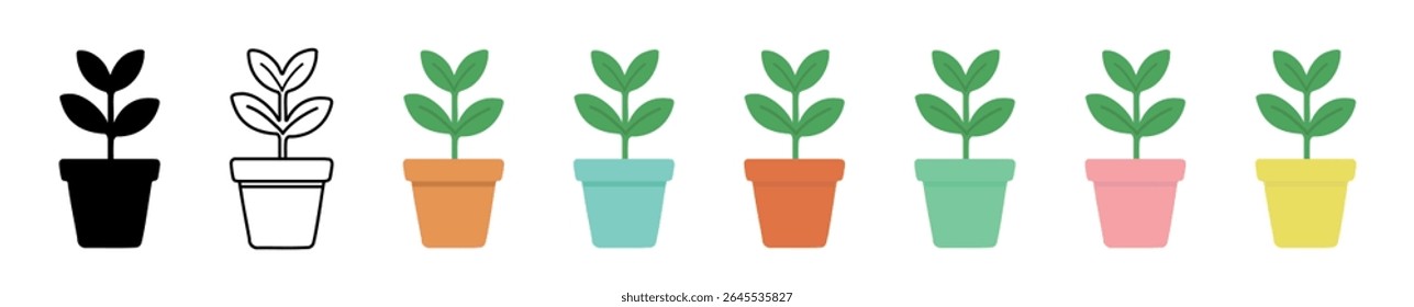 Collection of potted plant illustrations in various styles including black silhouette and colorful designs isolated on white background. concept of houseplant, floral icon, nature, decor element, set.