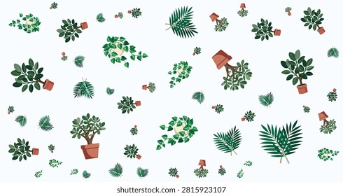 collection of potted plants with diverse foliage shapes and green tones ideal for botanical illustrations home decor or gardening themes