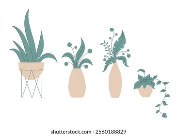 Collection of potted plants in a minimalist vector flat art style, with decorative leaves.