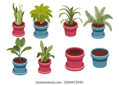 Collection of potted plants in red and blue plastic or ceramic pots. Decorative flora for interior. Vector illustration isolated on white background
