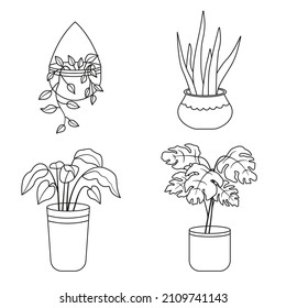 Collection of potted plants. Set of house plants in pots and planters in linear drawing style. Vector illustration isolated on white background