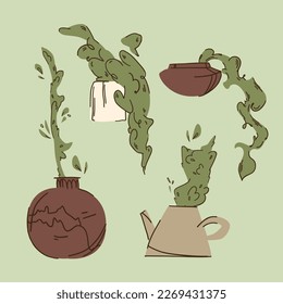 Collection of pottery with plants inside, handmade pots with greenery on a green background