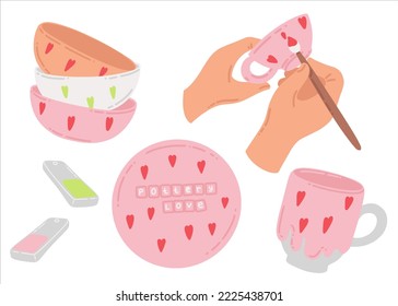 Collection of pottery. The potter's hands are painting a cup. Ceramic dishes handmade. Pottery training. Vector illustration of hobby and creativity.