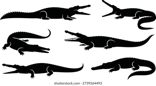 Collection of powerful crocodile and alligator silhouettes showing different actions like gaping jaws and relaxed poses.