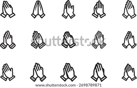 Collection of praying hands icons representing faith and devotion in religion	