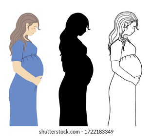 Collection of Pregnant girl. Hand drawn Vector illustration isolated on white background. Colorful, outline and Silhouette Pregnant woman. Prenatal concept. Babe and mother care