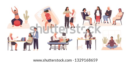 Collection of pregnant woman visiting doctor or physician, performing yoga or gymnastic exercise, cooking, sleeping, meditating. Happy pregnancy set. Vector illustration in flat cartoon style.