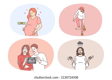 Collection of pregnant woman waiting for baby birth. Set of girl experience problems with pregnancy. Family growing and planning. Fertility and ivf treatment. Vector illustration. 