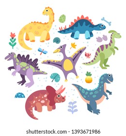 Collection of prehistoric animals triceratops, t-rex, pteranodon, spinosaurus, stegosaurus, velociraptor, parasaurolophus. Set of vector flat dinosaurs with elements: leaves, footprints, flowers.