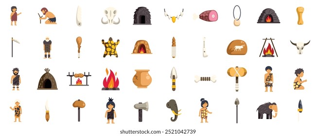 Colección de herramientas y objetos de estilo de vida de personas de cuevas prehistóricas
