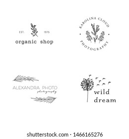 Collection of Premade Hand Drawn Logo with Wild Flower and Leaves. Logo for spa and beauty salon, boutique, organic shop, wedding, floral designer, interior, photography, cosmetic. Floral element