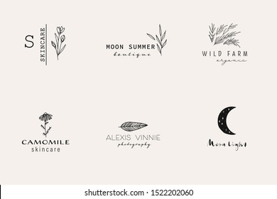 Collection of Premade Hand Drawn Logo with Wild Flower and Leaves. Logo for spa and beauty salon, boutique, organic shop, wedding, floral designer, interior, photography, cosmetic. Floral element