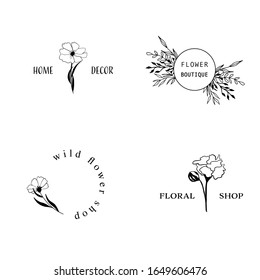 Collection of Premade Hand Drawn Logo with Wild Flower and Leaves. Logo for spa and beauty salon, boutique, organic shop, wedding, floral designer, photography, cosmetic. Floral element