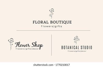 Collection of premade hand drawn logo with wild flower and leaves. Set logos for brands floral shop-eco product-organic food-spa and beauty salon. Emblem for invitation, decor. Vector illustration.