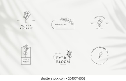 Collection of Premade Hand Drawn Logo with Wild Flower and Leaves. Logo for spa and beauty salon, boutique, organic shop, wedding, floral designer, interior, photography, cosmetic. Floral element