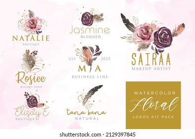 Collection of Premade Hand Drawn Logo with Wild Flower and Leaves. Logo for spa and beauty salon, boutique, organic shop, wedding, floral designer, interior, photography, cosmetic. Floral element