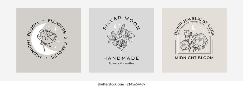 Kollektion von vorgefertigten handgezeichneten Logos mit Lilie, Pfannkuchen, Rosen, Mond und Sternen. Trendy mystisches Logo Design, Mitternachtsgarten. Blumenelement, Mond und Sterne