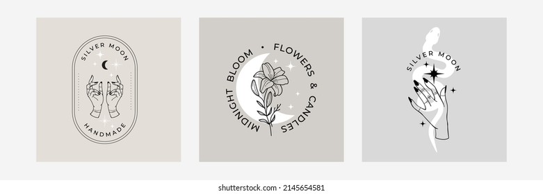 Collection of Premade Hand Drawn Logo with lily, snake, hands, moon and stars. Trendy mystic logo design, midnight garden. Floral element, snake, hands, moon and stars