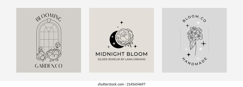 Collection of Premade Hand Drawn Logo with peonies, roses, window, frame, hydrangea,  moon and stars. Trendy mystic logo design, midnight garden. Floral elements, window frame, moon and stars
