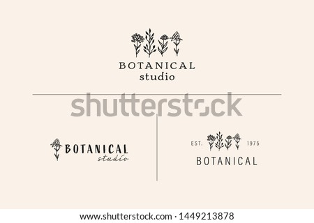 Collection of Premade Hand Drawn Logo with Wild Flower and Leaves. Logo for spa and beauty salon, boutique, organic shop, wedding, floral designer, interior, photography, cosmetic. Floral element