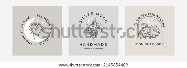 Collection of Premade Hand Drawn Logo with\
lily, peonies, roses, moon and stars. Trendy mystic logo design,\
midnight garden. Floral element, moon and\
stars