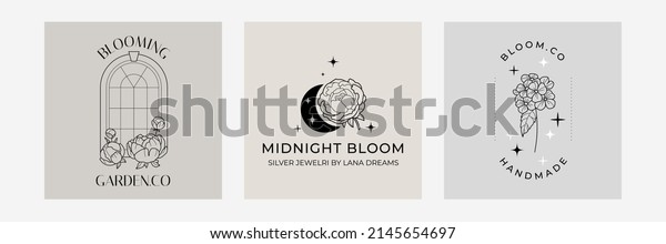 Collection of Premade Hand Drawn Logo with peonies,\
roses, window, frame, hydrangea,  moon and stars. Trendy mystic\
logo design, midnight garden. Floral elements, window frame, moon\
and stars