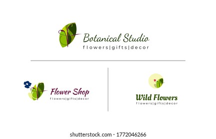 Collection of premade logo with leaves and flower silhouettes on white background. Set logos for floral shop-eco product-organic food-beauty salon. Emblem for invitation, decor. Vector illustration.