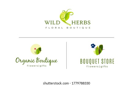 Collection of premade logo with leaves and flower silhouettes on white background. Set logos for floral shop-eco product-organic food-beauty salon. Emblem for invitation, decor. Vector illustration.