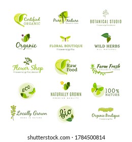 Collection of premade logo with leaves and flower silhouettes on white background. Set logos for floral shop-eco product-organic food-beauty salon. Emblem for invitation, decor. Vector illustration.