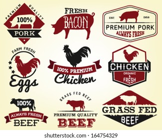 Collection of Premium Beef, Chicken and Pork Labels and Design Elements in Vintage Style