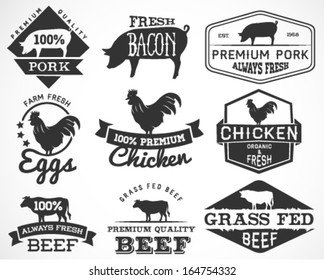 Collection of Premium Beef, Chicken and Pork Labels and Design Elements in Vintage Style